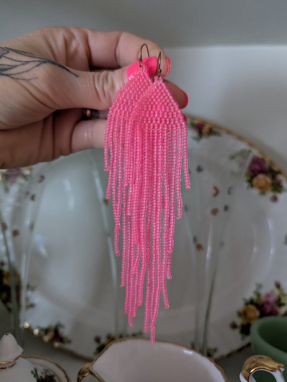 Handmade Boho Hot Pink Pastel Neon Beaded Fringe Earrings Summer Festival